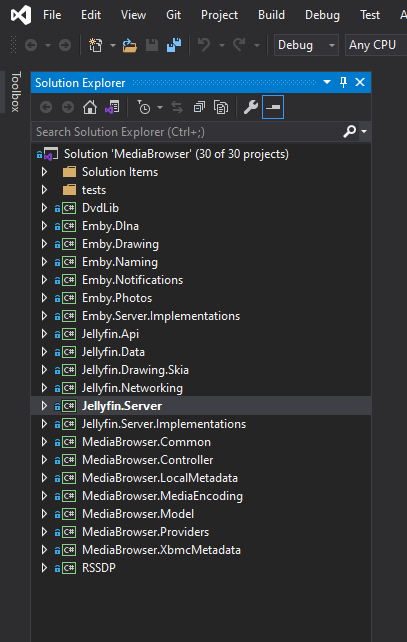 Screenshot of the Jellyfin project loaded in the solution explorer